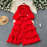 Fongt New Elegant Dress Spring Dress High-End Retro Collar Lantern Sleeves To Close Waist Lotus Leaves Side Pressure Skirt Dress Woman