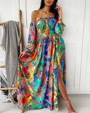 Fongt New Evening Dress Print Dress V Collar Retro Long Sleeves Open Fork