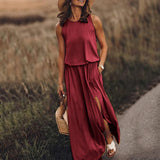 Fongt 2025 Summer Women's Fashion Trend Retro Round-Neck Sleeveless Forked Solid Color Two-Piece