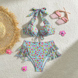 2024 New Small Fresh Print High-Waisted Fly-Side Swimsuit Bikini
