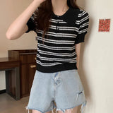 Chic Chromic Design With A Chic Polo Collar Knitted Shirt For Women's Summer T-Shirt Striped Short