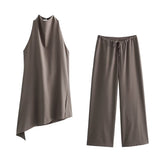 Fongt Women's ZA Hanging Neck Collar Minimalist Asymmetrical Top With Trousers Set