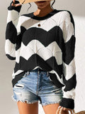 Fongt Yang Autumn New Fur Women's Loose Round Collar Hit The Striped Long-Sleeved Knitted Shirt Top