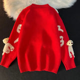 Bear Head Pendant Fleece Embroidery Oversized Sweaters Men Women Hip Hop Streetwear Winter Knitted Tops Korean Kawaii