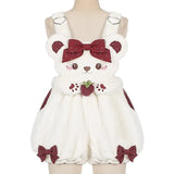 Kawaii Lolita Plush Overalls Shorts Women Cute Bear Strawberry Hot Short Pants Bow Bloomers Shorts Female Y2k Clothing-Outfit