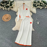 Fongt Simple Wind Bumpy Striped Knitted Sister Set With Long-Sleeved Sweater + High Waist Long Body Skirt Winter