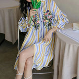 Summer Floral Embroidery Dresses Contrasting Colors Striped Female Single-breasted Ruffles Spliced Straight Midi Dress-Outfit