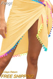 Women Beach Sarongs, Sexy Sheer Mesh Swimsuit Wrap Skirt Bikini Cover Up with Colorful Pompom Tassel Summer