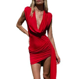 Fongt Summer New Women's Deep V-Neck Temperament Hanging Neck Folds Sexy Body-Body-To-Sting Dress