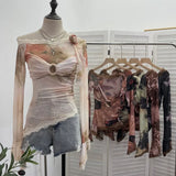 Fongt Shooting Lace Splicing Oblique Shoulder Thin Tie-Dye Mesh T-Shirt Girl T-Shirt T-Shirt Shawl T-Shirt 9986
