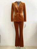 QUALITY Newest 2023 F/W Designer Suit Set Women's Single Button Velvet Blazer Flare Pants Set