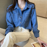 Fongt Hong Kong Wind Blue Shirt Denim Shirt Female Small Spring And Autumn 2024 New Design Feeling Small Coat Female-Outfit