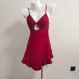 Fongt Pajamas Female Summer Lace Breast Pad Sling Ajaskirt Pajamas Set Bride Red Ice Silk Homewear