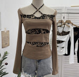 Fongt Shooting With Hanging Neck Leopard Print Splicing Two Long-Sleeved Tops A Short Shoulder Bottom T-Shirt 28787