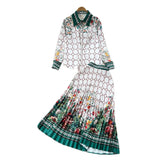Fongt Suit Female Retro Color Print Bran Long-Sleeved Shirt + High-Waist A Word Half-Dress Skirt