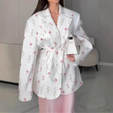 Fongt Women's Clothing 2025 Autumn And Winter Printing Loose Suit Tie With Waist Small Suit Jacket