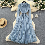 Fongt Retro Elegant Dress Women Winter High Hook Lace Splicing Mesh Yarn Irregular Knee Dress