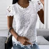Womens Lace Round Neck Tops T-Shirts Ladies Summer Casual Short Sleeve Blouse Pullover Fashion Clothing For-Outfit