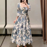Flower Printing Three Quarter Sleeve Dress Casual Female Square Collar Loose Clothes Lady Vestido