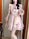 Pink Korean Kawaii Strap Dress Women Bow Sweet Elegant Party Mini Dress Female Print France Princess Fairy Dress 2022