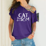 Fongt Explosion Casual Slanted Shoulders Cross Irregular Short-Sleeved Print Women T-Shirts