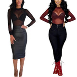 Fongt Elastic Tight Perspective Sexy Mesh Bottom Shirt Transparent Long Sleeve T-Shirt Women's Lace