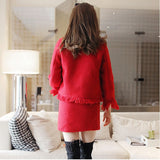 High Quality Women 2 Piece Set Autumn Winter Red Tweed Tassel Single Breasted Jacket Coat + Fringe A Line Skirt