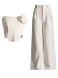 2025 New Temperament Splicing Three-Dimensional Flower Fish Bone Stud Top + High Waist Broad Leg Slacks Fashion