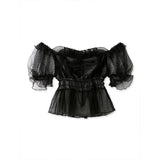 Mesh Bubble Sleeve Blusas Mujer Off-shoulder Shirts Blouses Lace Up Bow Camisas Spring Summer 2024 Tops Tunic Ropa-Outfit