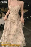 Strap Ruffles Dress 2023 Summer New Women Fashion Elegant Midi Print Vintage Dresses Female Evening Clothes