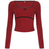 Lace Trim Round Neck Bow Coquette Long Sleeve Tee-Outfit