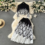 New Advanced Casual Women's Elastic Long Sleeve Pleated Top+High Waist Pleated Half Skirt Printed Skirt 2-piece Set-Outfit