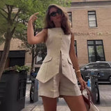 Fongt Summer Women's Solid Color Slim Sleeveless Vest High-Waisted Shorts Two-Piece Sets-Outfit