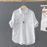 Fongt Short-Sleeved Solid-Colored Shirt Women 2025 Summer New Outer Shirt Design Sense Double Pocket Loose Thin Top Woman