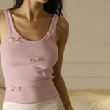 Girl Three-Dimensional Bow Stitching U-Collar Trim Solid Color Vest 2024 Summer Style-Outfit