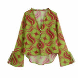 Sale Women Geometric Printing Chiffon Shirt Female Split Flare Sleeve Blouse Casual Lady Loose Tops Blusas