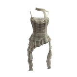 Fongt Lattice Splicing Lace Ribbon Ribbon Swing Tie Sling Sling Vest Irregular Lotus Leaf Side Hottie Top 8078