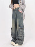 Fongt Old Vintage Washed Jeans For Versatile And Versatile High Street Pocket-Down Casual Cargo Pants-Outfit