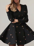 Fongt Fashion Ballet Elements Design Floral Thorn Dress Dress Women's High-End Butterfly Embroidery V-Neck Long Sleeve