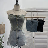 Fongt With Chest Cushions Denim Bra Sleeveless Top Single Buckle One-Pack Short Vest 2738