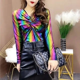 Glossy Contrasting Colors Slim T-shirt 2023 Spring Autumn Long Sleeve Female Clothing Sexy V-Neck Stylish Folds Pullovers-Outfit