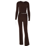 2 Piece Sets Women Tracksuit Long Sleeve Zipper Hooded Sweater Crop Top Flare Pants Stretch Matching Suit Outfit-Outfit