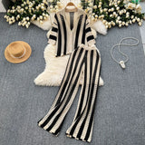 Fongt Women's Summer V-Neck Loose Knitted Cardigan Top + Broad Leg Trousers Set With Striped Hollow Set