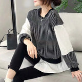 High Street Striped Printed Loose Midi Sweatshirts Spring Autumn Patchwork Female Clothing Korean Round Neck Pullovers-Outfit