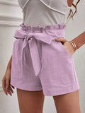 Fongt 2025 Summer Women's Loose Flax Leisure Shorts Pocket Solid Colored High-Rise Broad Legs