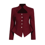 Fongt British Wind 2024 New Standing Collar Hollow Out Waist Irregular Short Texture Long Sleeve Suit Jacket Female-Outfit