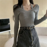 Fongt Up Spring And Autumn New Chic Sexy Chest Thin Hanging Neck Two Long-Sleeved Knitted Jersey Jersey Elastic