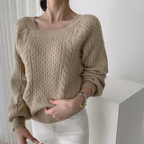 New 2021 Women Autumn Winter Sweaters Knitted Warm Thicken Square Collar Fashionable Vintage Pullovers Tops