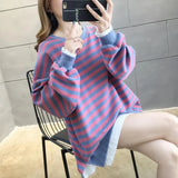 Fake Two Piece Oversize Pullover Thin and Thick Korean Style Hoodies Sweatshirt Casual O-Neck Harajuku Girls Stripe