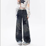 Fongt Girl Wears Embroidered Straight Jeans Female Autumn Vintage High-Waisted Star Broad-Legged Pink Pants